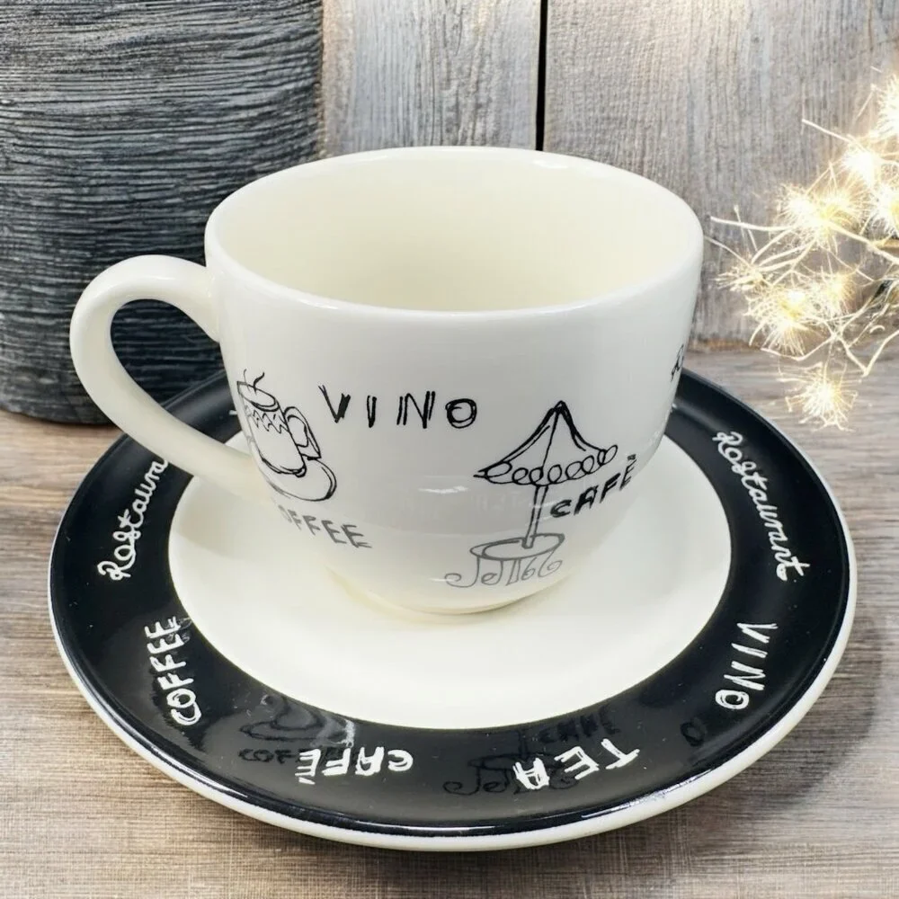 Pier 1 ENGLAND‎ ANGLETERRE Ceramic Teacup And Saucer Set Vino Coffee Black White